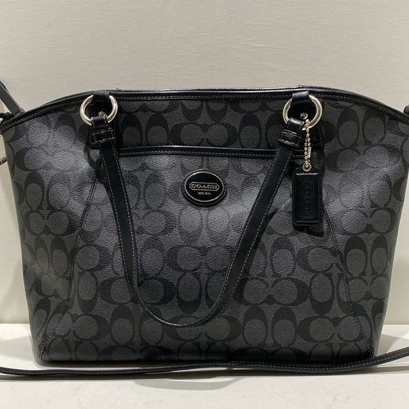 COACH (#F19816) “Peyton” Grey/ Black Logo Signature Coated Canvas Tote Bag - Picture 1 of 15